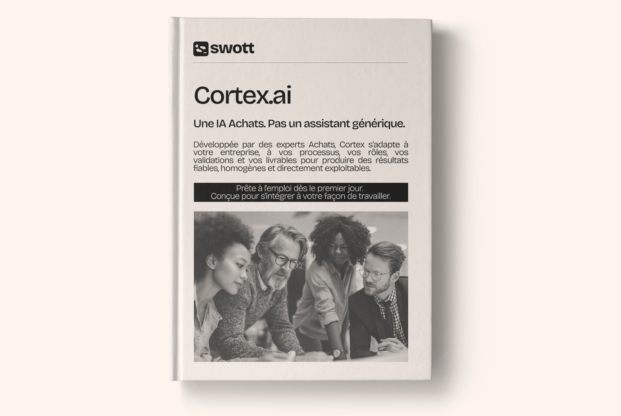 Boxed Cortex.ai product packaging by Swott on a pale background, with a grayscale group photo shown in the lower section.