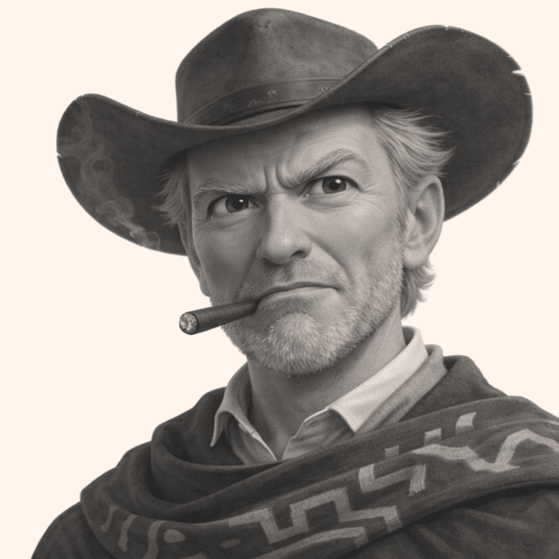 Man wearing a wide-brim cowboy hat, smoking a cigar, and looking at the camera in a rugged Western style.