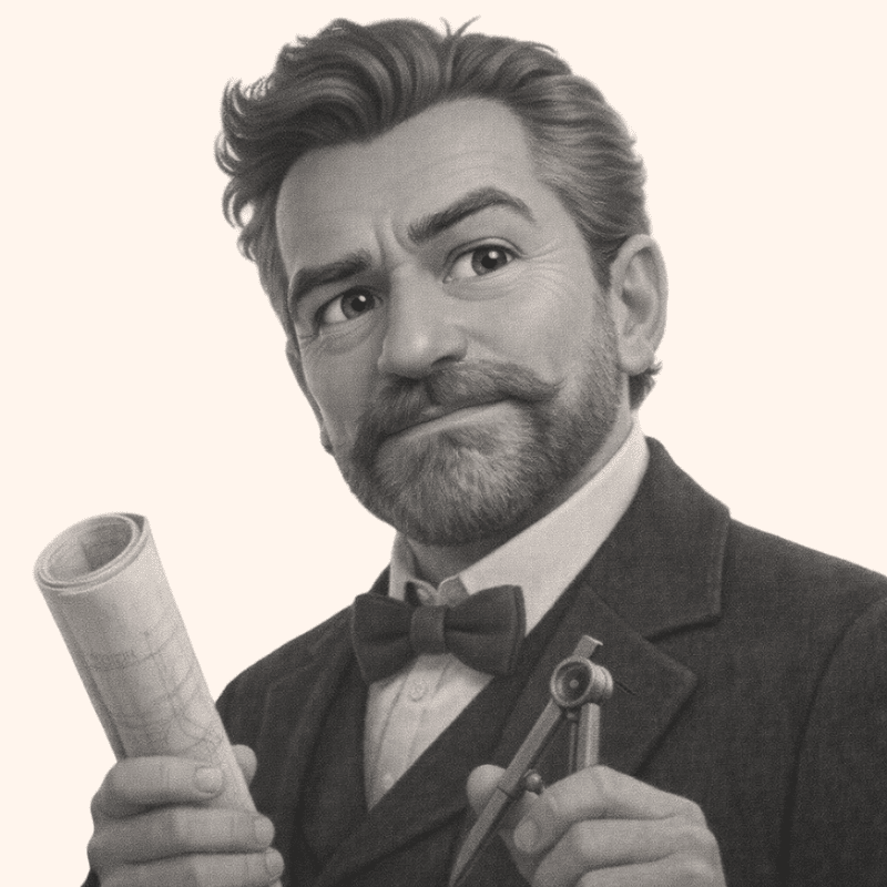 Portrait of a man in a suit and bow tie, holding a rolled blueprint and a drafting compass, suggesting an architect or designer