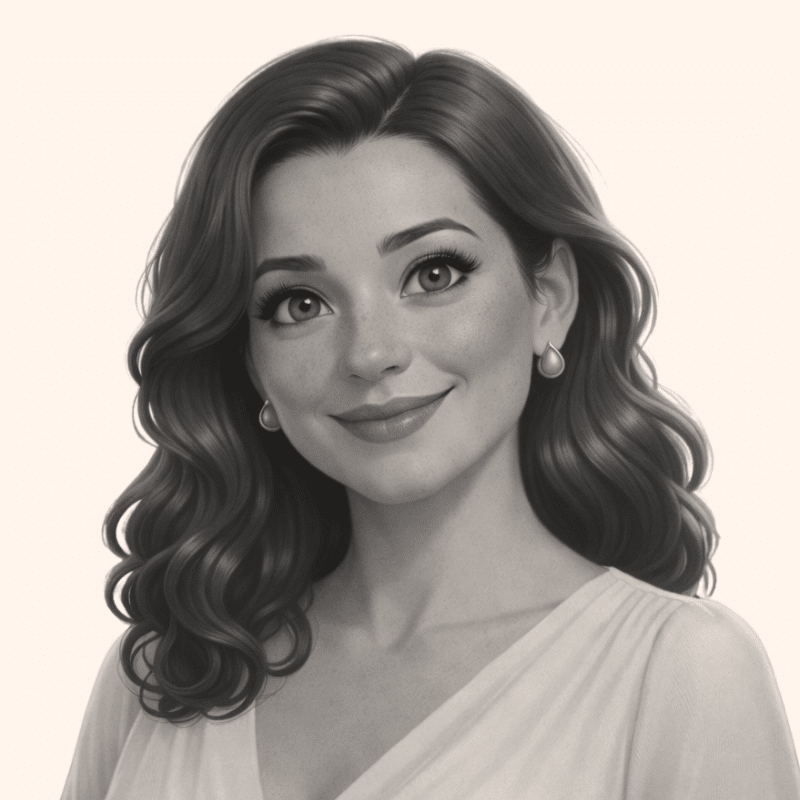 Illustrated grayscale portrait of a smiling woman with wavy hair and teardrop earrings