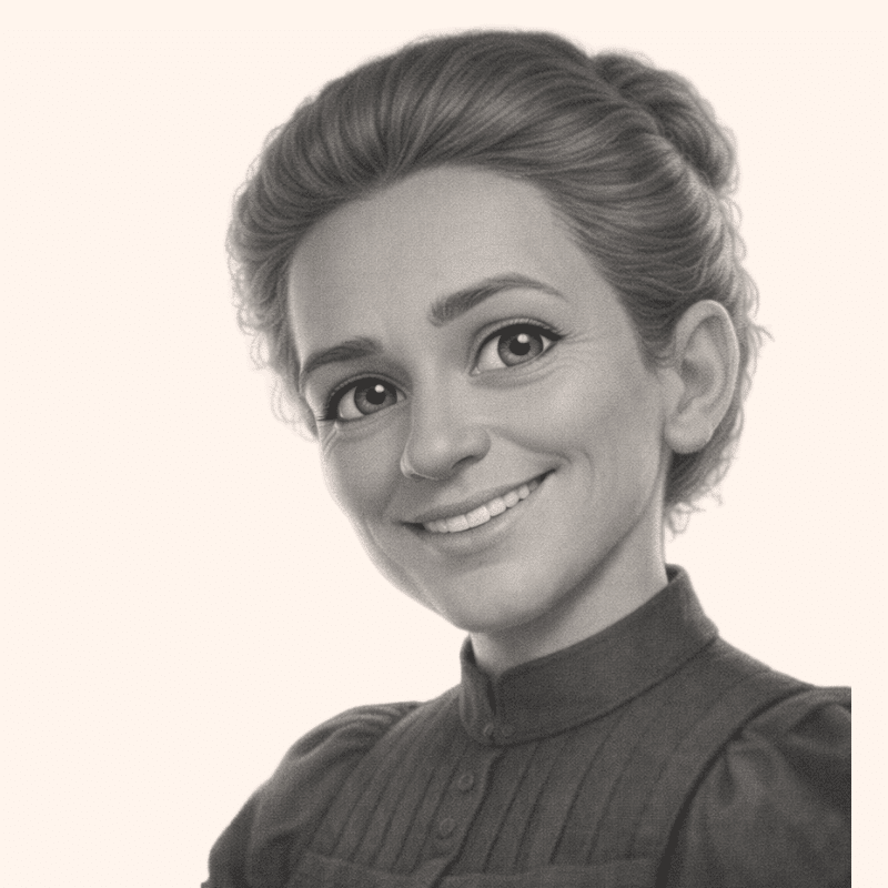 Smiling woman portrait in grayscale with her hair in a bun, wearing a high-collar blouse.
