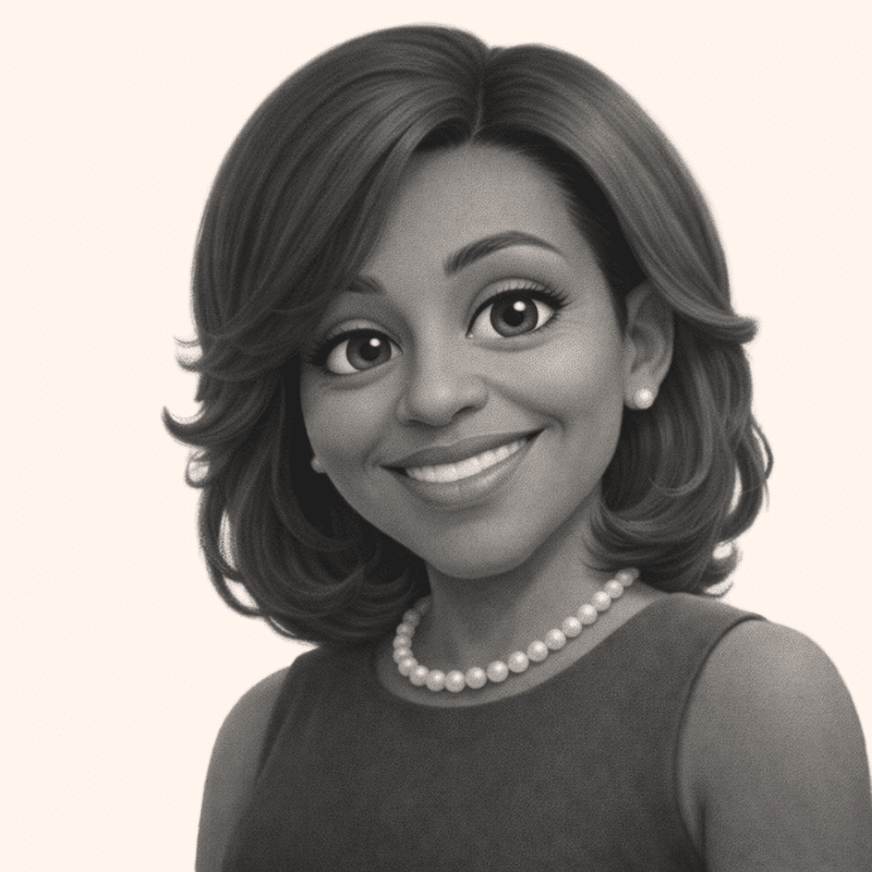 Cartoon portrait of a smiling woman with short hair, wearing a pearl necklace and pearl earrings.