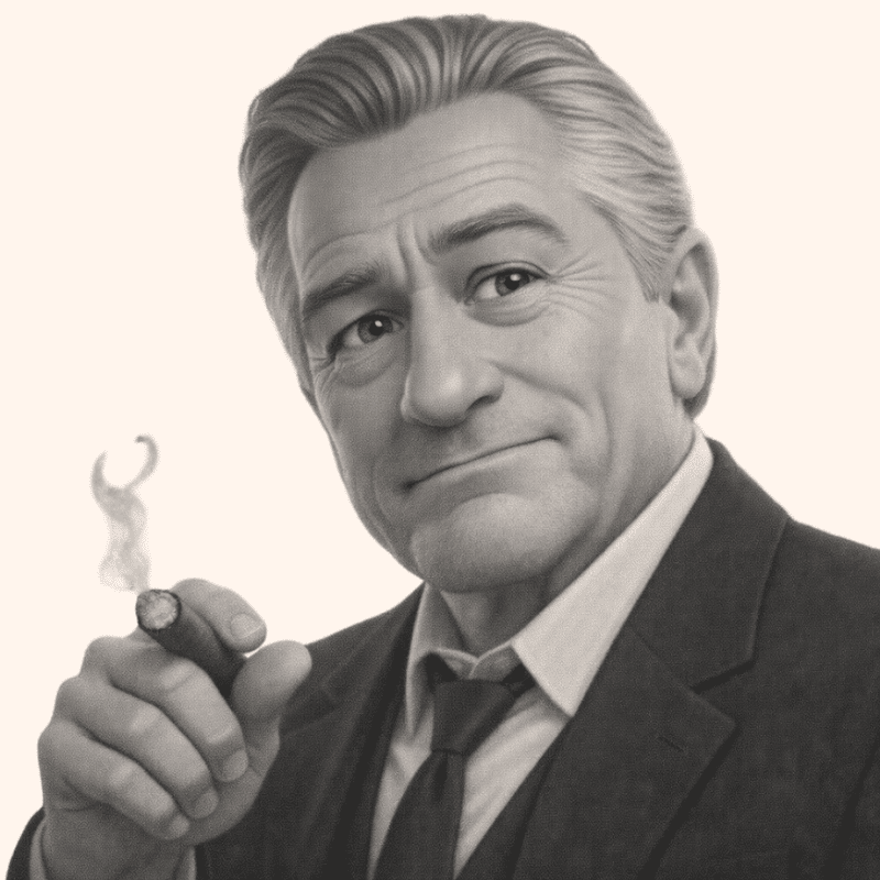 Older man in a suit and tie, smoking a lit cigar, looking slightly to the side with a calm smile (sepia-toned portrait).
