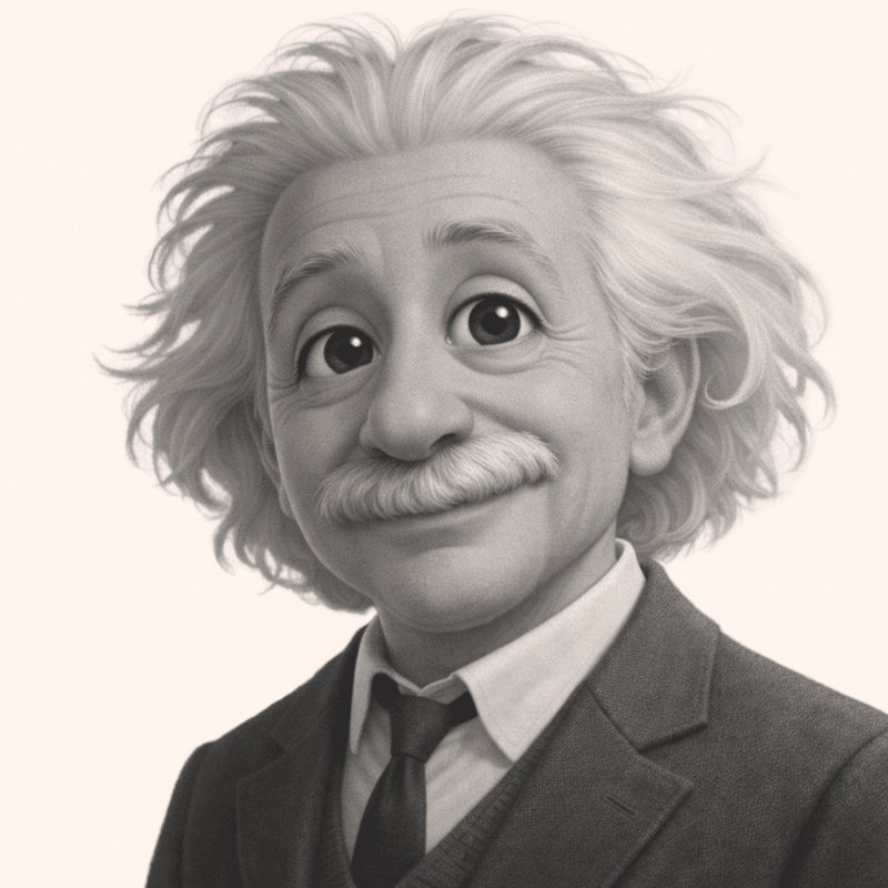 Cartoon grayscale portrait of an elderly man with wild white hair, mustache, and a suit and tie, smiling.