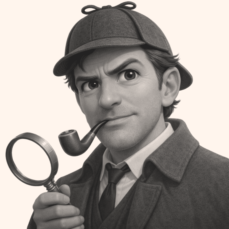 Detective in a hat and coat, pipe in mouth, examining with a magnifying glass