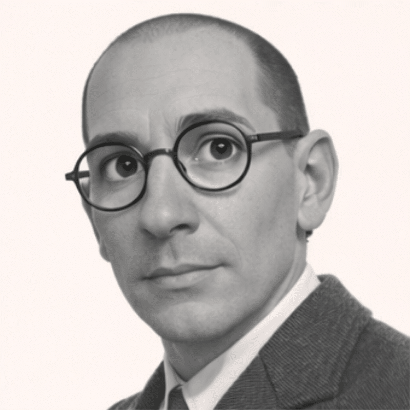 Black-and-white portrait of a man wearing a blazer and round glasses, looking slightly to the right.