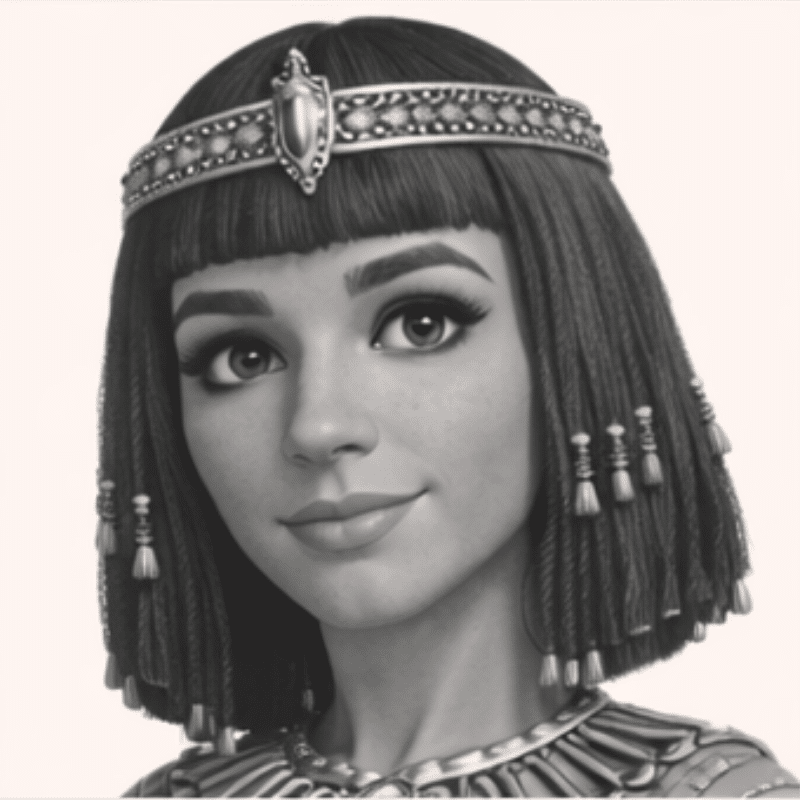 Grayscale illustration of a young woman wearing an ornate jeweled headband and beaded braids, looking lightly to the side.