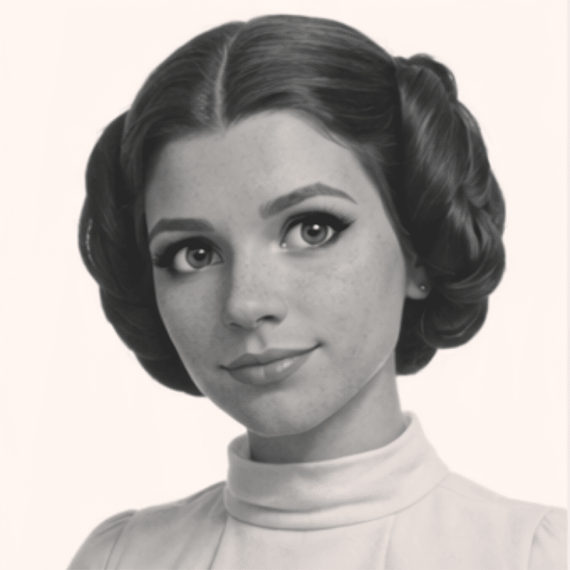 Young woman with retro hairstyle and winged eyeliner, looking slightly to the right in a vintage portrait image.