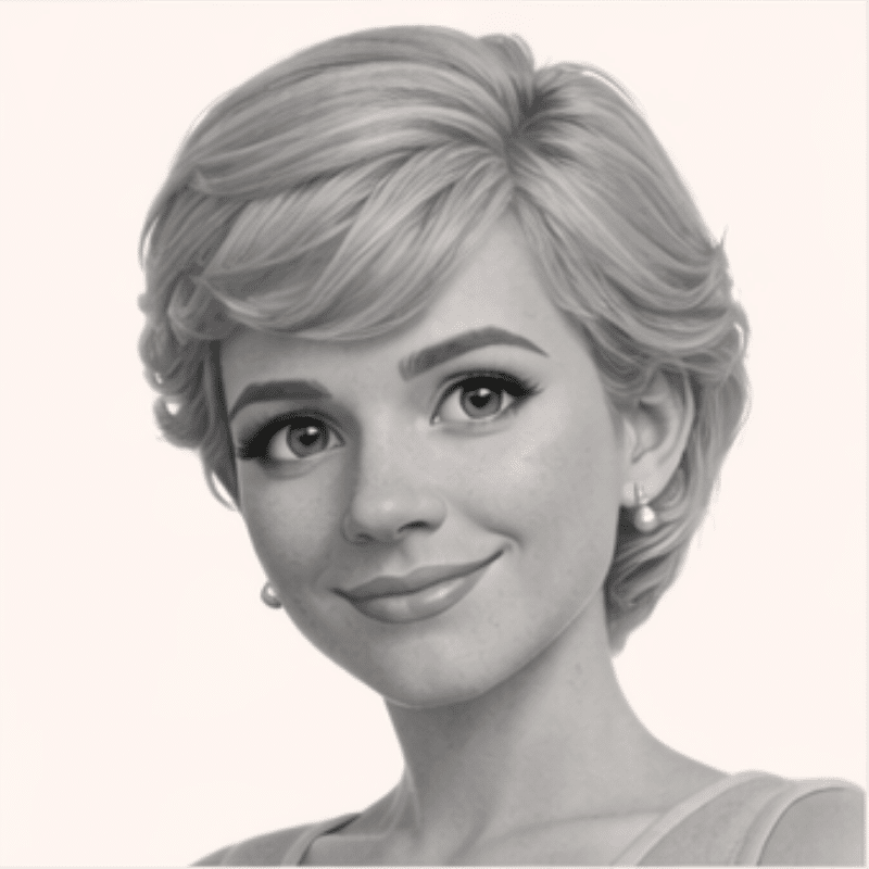 Grayscale illustration of a smiling woman with short wavy hair and pearl earrings, portrait-style head-and-shoulders image.