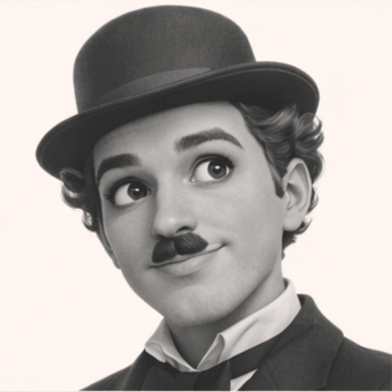 Black-and-white cartoon portrait of a man with a mustache wearing a bowler hat and suit, looking to the left.