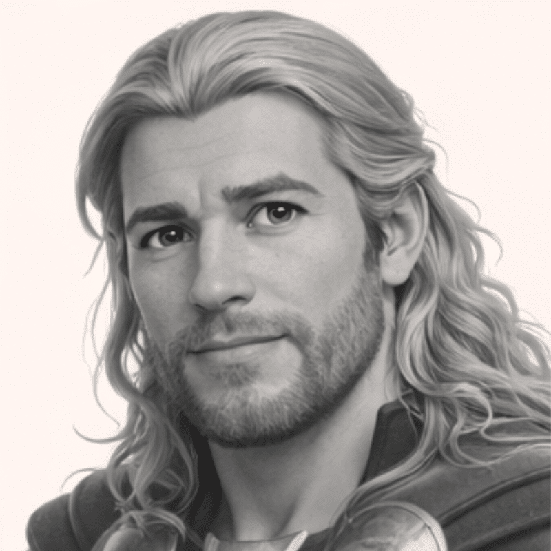 Portrait of a man with long wavy hair and light stubble, looking to the side (grayscale illustration).