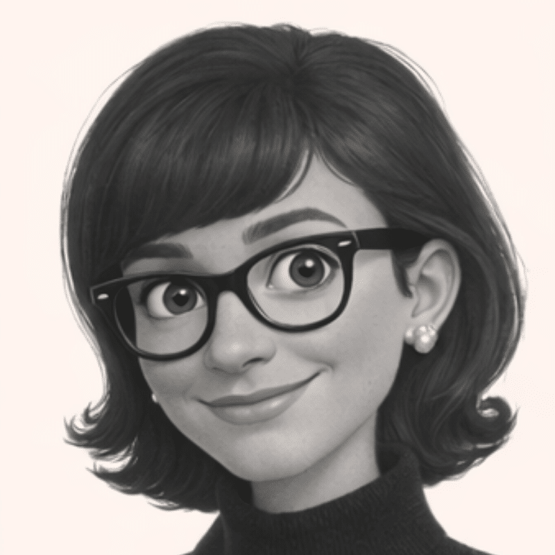 Illustration of a woman with short dark hair, thick glasses, and pearl earrings, smiling.