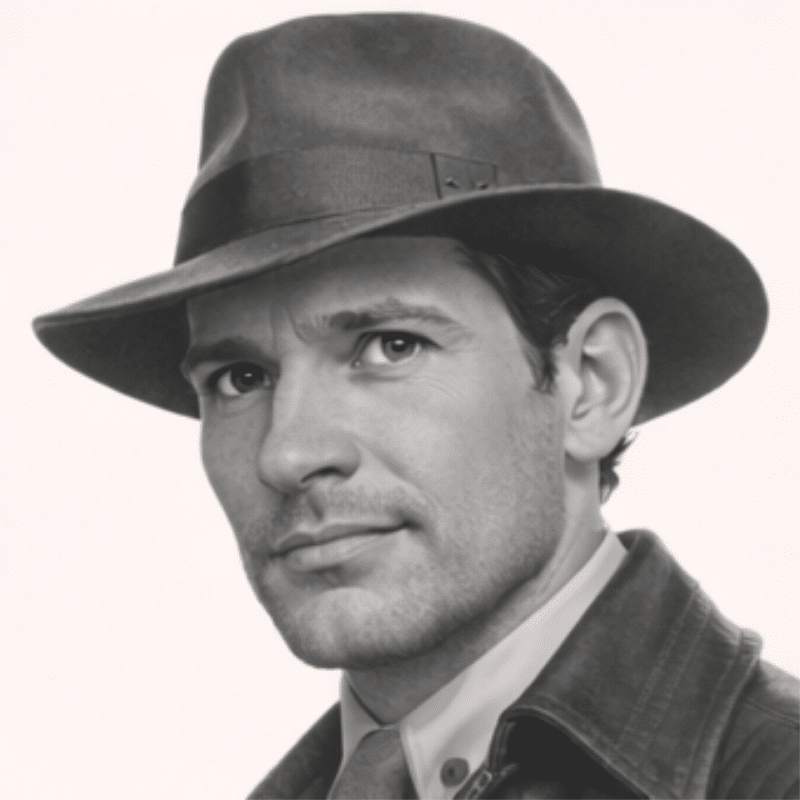 Black-and-white head-and-shoulders portrait of a man wearing a fedora and jacket, looking at the camera with a neutral expression.