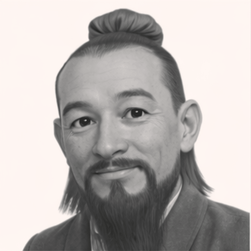 Grayscale portrait of a man with a top knot and full beard in a suit, smiling softly.