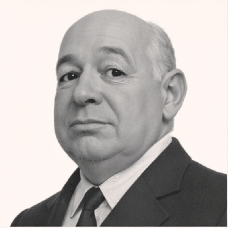 Black-and-white head-and-shoulders portrait of an older man in a suit and tie, looking at the camera.