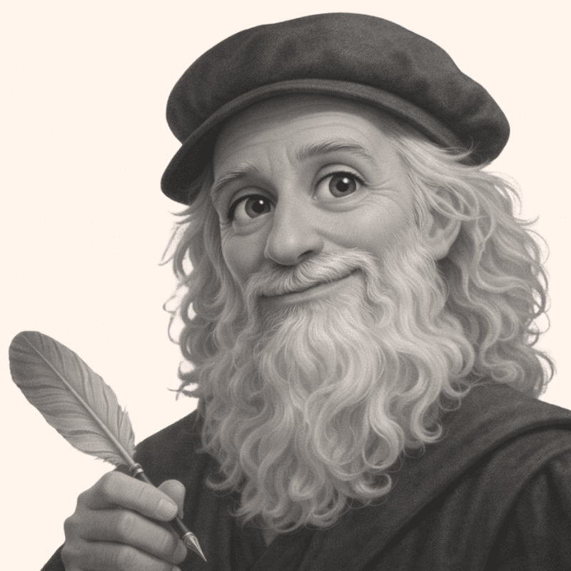 Old bearded man in a beret holding a feather quill, smiling softly.