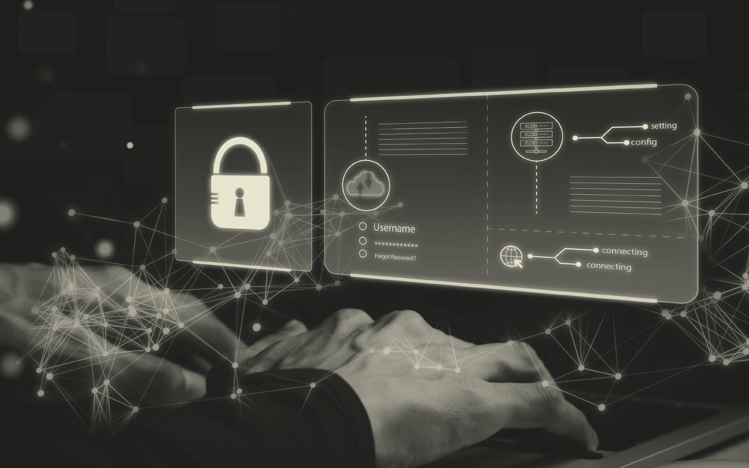 Futuristic holographic security UI with a large padlock and a login form (Username, password) amid network diagrams.