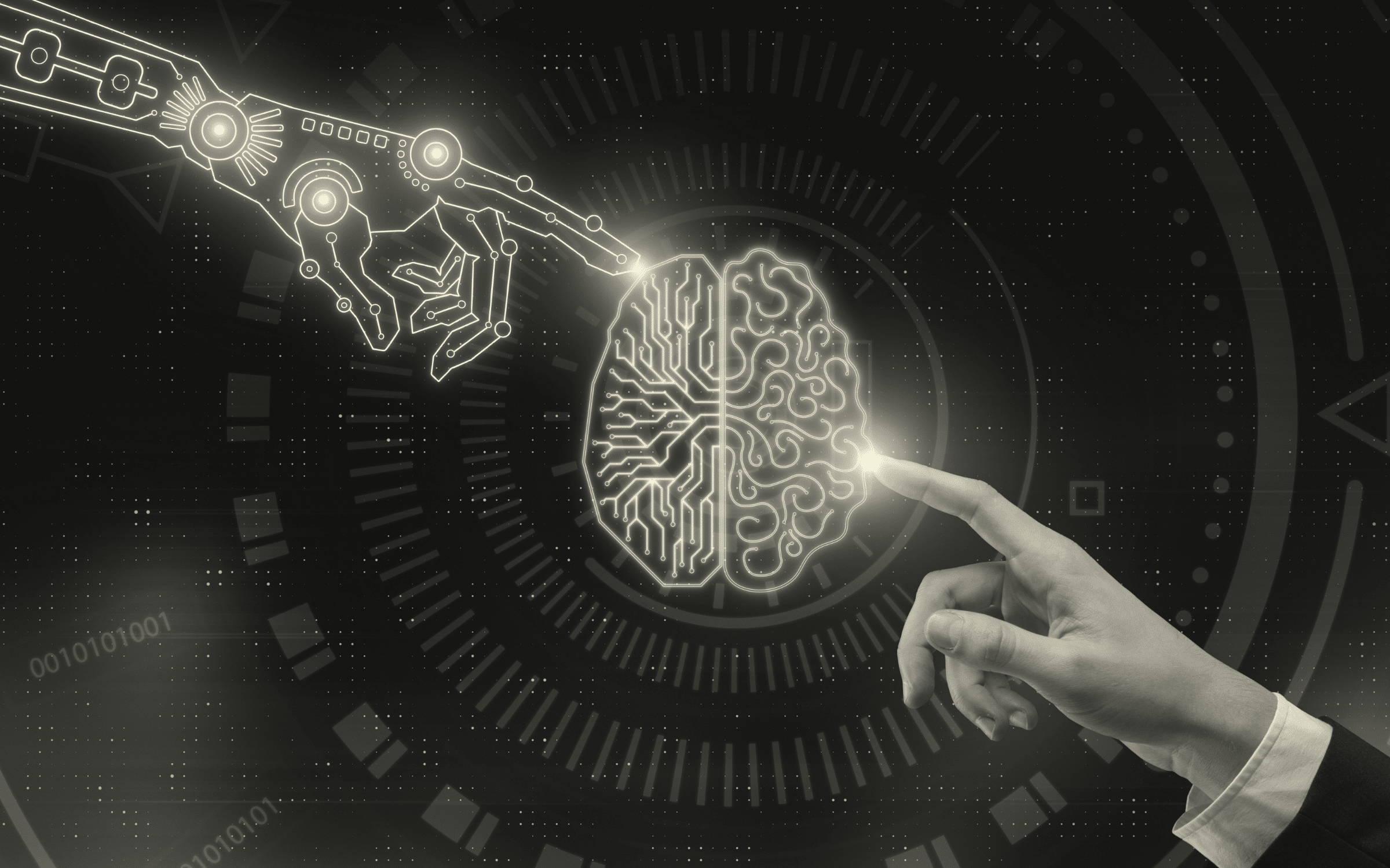 Human hand points to a glowing circuit-brain while a robotic hand reaches in from the left against a dark, futuristic digital background.