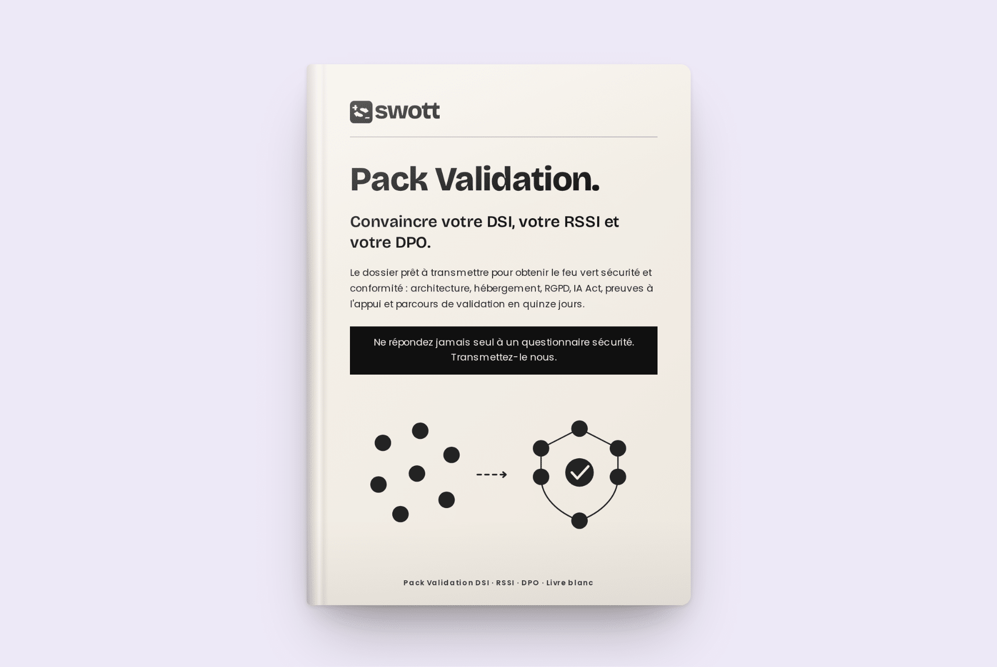 Cover of a Swott Pack Validation booklet with the title 'Pack Validation.' and French subtitle about DSI, RSSI and DPO.