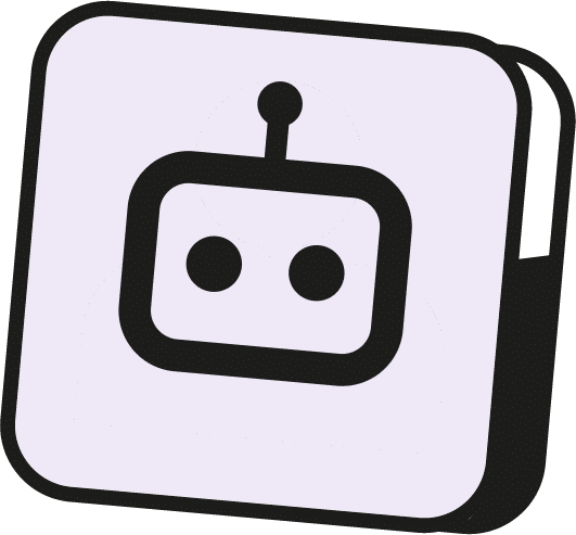 Friendly robot head icon inside a rounded-square badge on a pale lavender background