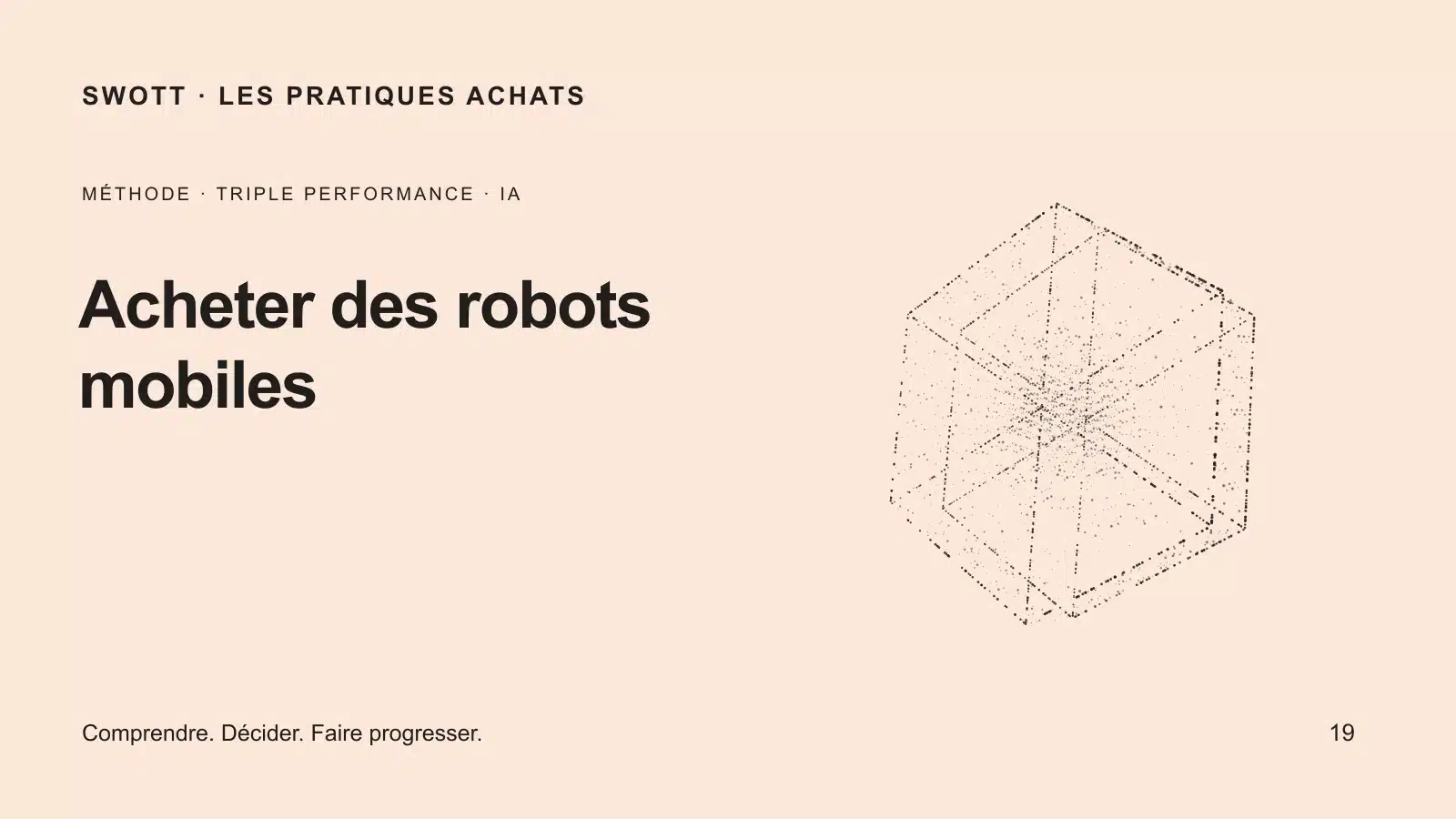 Acheter des robots mobiles : évaluer le service rendu dans l’entrepôt réel — pilier de la méthode Impact³ en nuage de points.